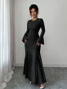 Elenzga Váy tay bèo nhún viền đuôi cá co giãn thanh lịch dành cho nữ, mùa thu/đông - màu đen - Xem 6