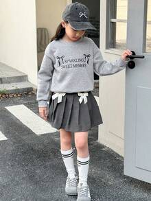 Genkimix Kids 青少年女孩字母和蝴蝶结印花圆领长袖运动衫和蝴蝶结装饰百褶迷你裙休闲装