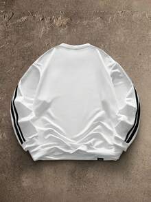 AXEPEAK Áo nỉ dài tay cổ tròn kẻ sọc vá màu đơn sắc cho nam, Áo nỉ họa tiết khối màu trắng, Quà tặng cho bạn bè, chồng, bạn trai - trắng - Xem 2