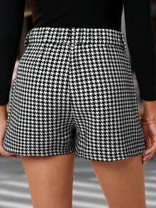 SHEIN Clasi Women's Houndstooth Pocket Pleated Loose Casual Shorts - Black and White - View 2