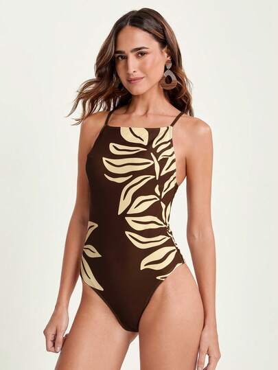 CAJUNI بدلة سباحة نسائية كاجوال بطبعة أوراق بنية، بحمالات رفيعة - للسباحة