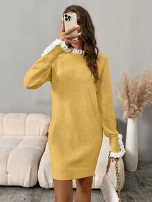 SHEIN LUNE Women's Casual Lace Collar Raglan Sleeve Knitted Dress, Autumn/Winter - Light Yellow - View 3