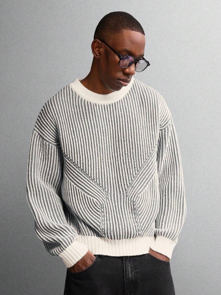 Ribbed Crew Neck Jumper With Stripes