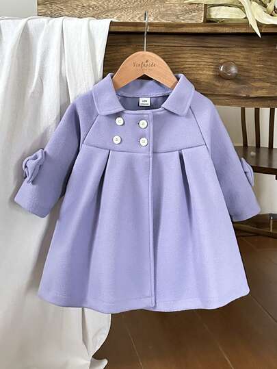 SHEIN 女婴大衣，单排扣大衣，婴儿冬季纯色外套，女婴休闲外套，公主风夹克