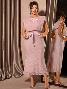 Cravure Șal din dantelă, fără mâneci, cu decolteu rotund și fundă, pentru femei, mărime plus, potrivit pentru petreceri pline de farmec, rochie maxi elegantă pentru banchete de toamnă/iarnă