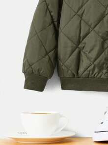 SHEIN 男婴字母贴片细节毛绒内衬拉链连帽绗缝外套男婴夹克冬季 - 軍綠色 - 查看 3