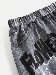 SHEIN 2 件套青少年女孩黑色短袖 T 恤，带英文字母和星星印花，黑色裤子套装 - 彩色 - 查看 4