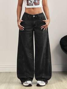 SHEIN Tall Tall Waist Patchwork Embroidered Washed Denim Wide Leg Pants - Black - View 2