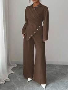 Modelyn 加大码梭织染色棉质长袖裹身上衣和直筒裤两件套服装，适合秋冬季 - 棕色 - 查看 5