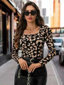 SHEIN Clasi Leopard Print Square Neck Gigot Sleeve Tee Black Top