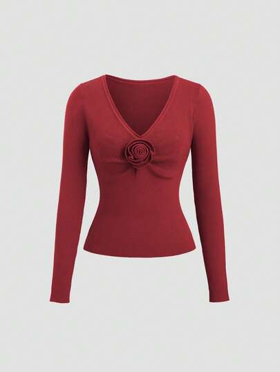 SHEIN TRNDY 1 件女式勃艮第毛衣，秋冬款，优雅 V 领，玫瑰装饰，褶皱设计，束腰，针织休闲