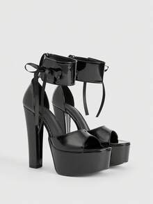 CUCCOO LuxiPop Women's Outdoor Round Toe Thick High Heel Waterproof Platform Shoes, Black PU Glossy Material With Bow Decor, Fashion Minimalist Comfortable For Daily, Party, Banquet, Hook And Loop Sandals - Black - View 2