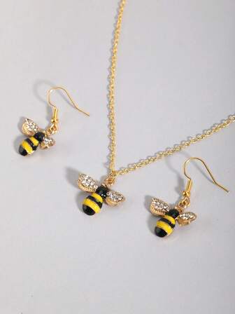 Kawaii 1 pezzo Collana con ape + 1 paio di orecchini con ape, set di gioielli elegante e carino con strass e perle finte a forma di ape e insetto colorato, adatto per uso quotidiano, vacanze, regali