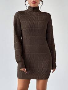 RosyDaze Women's Casual High Neck Drop Shoulder Long Sleeve Knitted Sweater Dress, Autumn/Winter - Coffee Brown - View 5