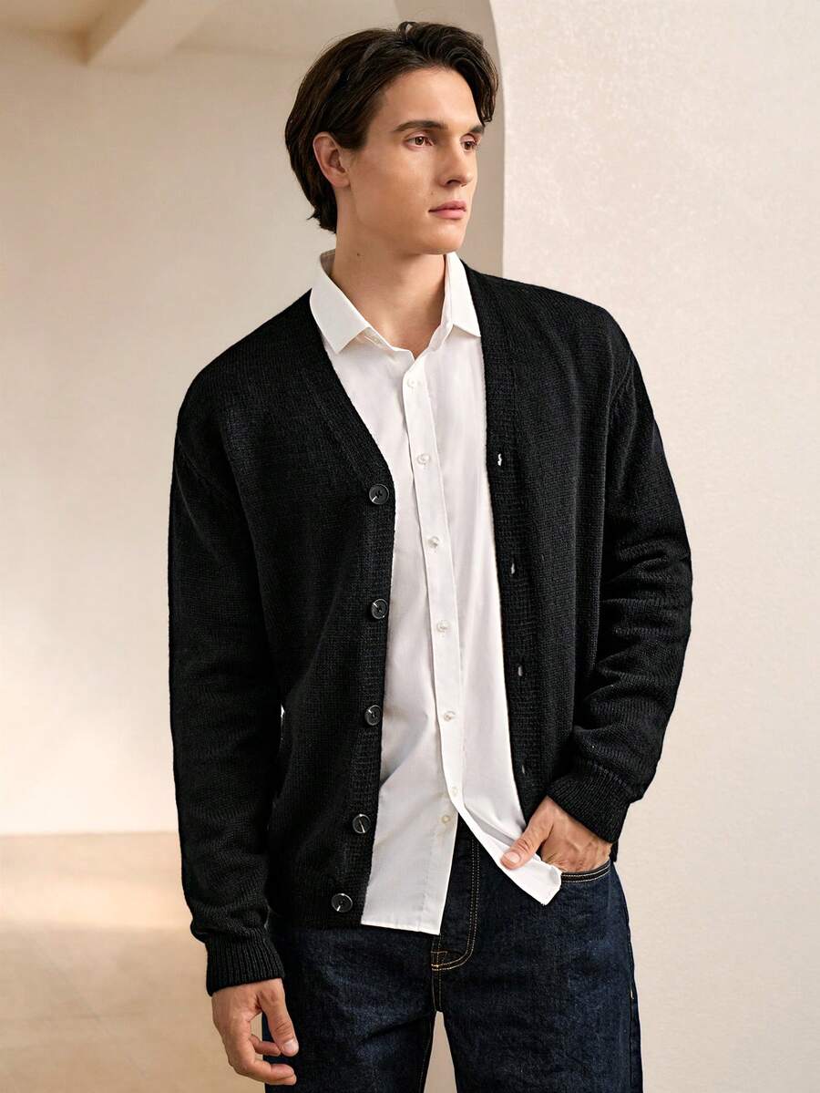 Manfinity Mode Cárdigan casual de un solo abotonado de unicolor para hombres, otoño/invierno