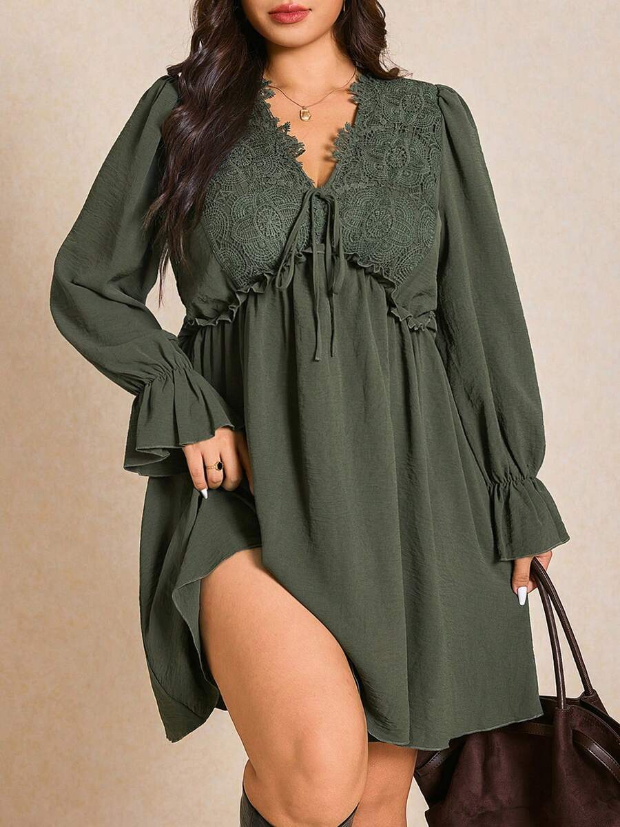 Elaquor Plus Size Casual Solid Color Lace Patchwork Dress, Autumn - Dark Green - View 1