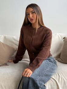 Aloruh Women's Elegant Round Neck Button-Up Long Sleeve Brown Cardigan Sweater,Winter New Knitted Jacket, Casual, Simple And Atmospheric Style, Ribbed Splicing Round Neck Button Design, Brown Solid Color Cardigan - Brown - View 6