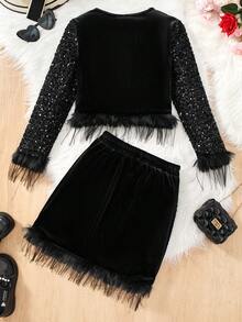 Sparklyn 青少年女孩黑色亮片上衣和裙子套装 - 黑色 - 查看 2