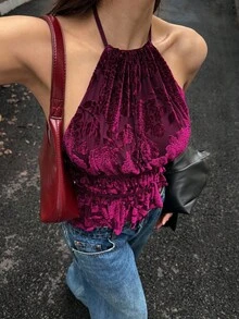 Sweetra Women's New Sexy Velvet Ruched Halter Neck Backless Tie Strap Ruffle Hem Sleeveless Camisole Top
