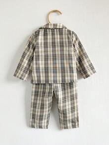 2pcs Baby/Toddler Boys' Casual Plaid Long Sleeve Top And Pants Loungewear Set 18 Month Boy Suit Baby Boy Suit Set Toddler Suit Baby Boy Pajama Set Checked Baby Clothes - Green - View 2