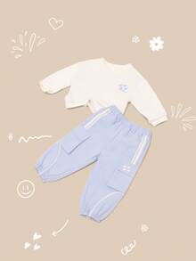SUMWON Conjunto de sudadera con capucha y pantalón jogger para bebé niña con detalles de bolsillo de carga con estampado de estrellas, atuendo de invierno cómodo - Multicolor - Ver 1