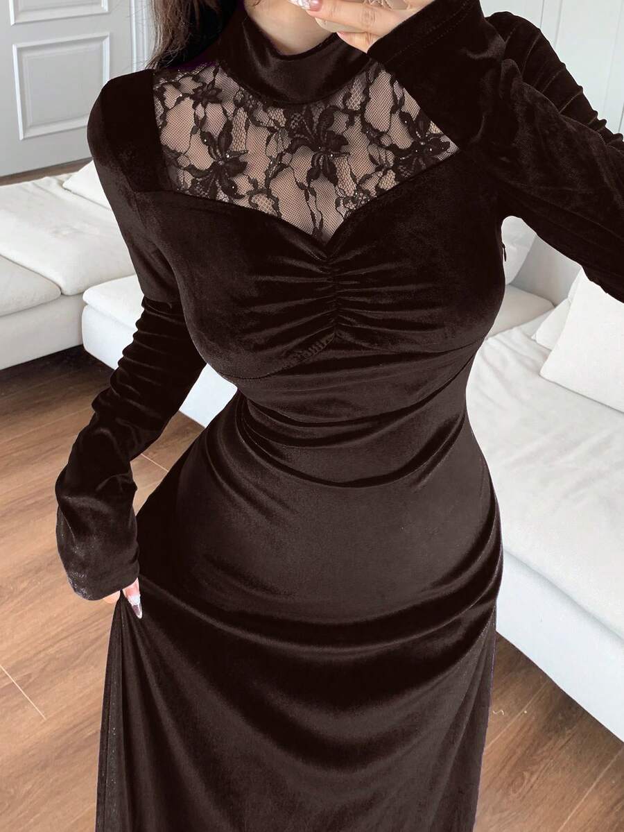 Feyla 女士撞色蕾丝立领长袖褶皱优雅连衣裙长款晚礼服