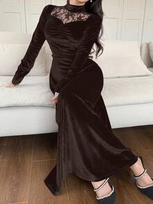 Feyla 女士撞色蕾丝立领长袖褶皱优雅连衣裙长款晚礼服 - 咖啡棕 - 查看 5