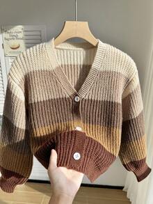 Elladie kids 女童彩虹色开衫，儿童秋冬针织毛衣上衣，时尚百搭 - 卡其色 - 查看 4