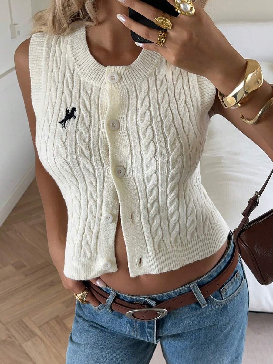 SHEIN EZwear 杏色女士休闲针织无袖背心,骑士图案,单排扣,秋冬/圣诞/新年女式毛衣背心 - 杏色 - 查看 1