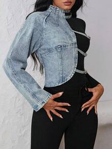 Jeanoix 时尚性感破洞镂空牛仔外套 - 中等水洗藍 - 查看 5