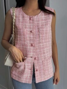 DAZY Women's Casual Sleeveless Single-Breasted Plaid Jacket, Autumn Women Coats - Pink - View 3