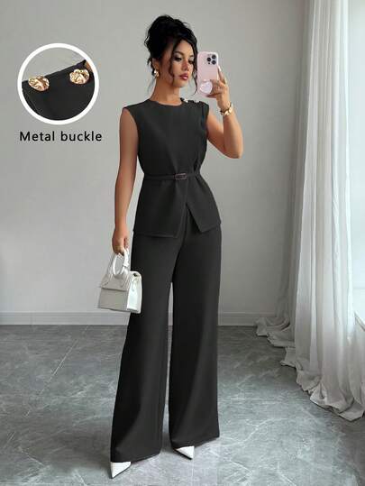 Elenzga 女士优雅办公室通勤休闲下午茶派对装，领腰金属扣可调节肩部金属扣装饰不对称下摆分层衬衫搭配宽松阔腿裤，2 件套