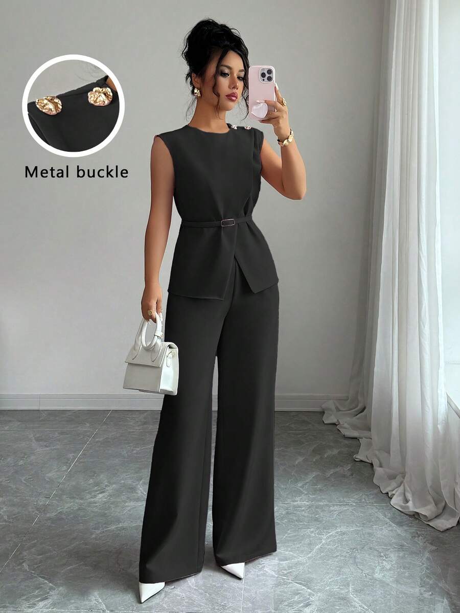 Elenzga 女士优雅办公室通勤休闲下午茶派对装，领腰金属扣可调节肩部金属扣装饰不对称下摆分层衬衫搭配宽松阔腿裤，2 件套 - 黑色 - 查看 1