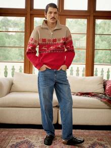 RivetRise Men's Deer & Snowflake Pattern Zip-Up Casual Sweater, Autumn/Winter Knitwear Knit Male Sweater Graphic Men 90s Sweater Retro Men Sweater, Long Sleeve Top - Multicolor - View 3