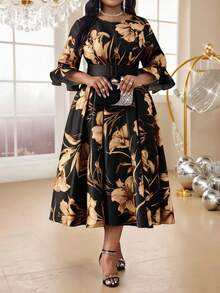 Fleurora 春夏秋冬优雅派对婚礼酒会圣诞节粉色系带喇叭袖A字裙大码套装 - 黑色 - 查看 7