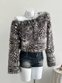 Comfortcana 女式全印花不对称领长袖仿皮草夹克，秋冬 - 彩色 - 查看 5