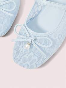 CUCCOO DOLLMOD Women's Blue Mesh Color-Blocking PU Pearl Bow Decor Cute Mary Jane Flat Sandals, Suitable For Vacation - Blue - View 7