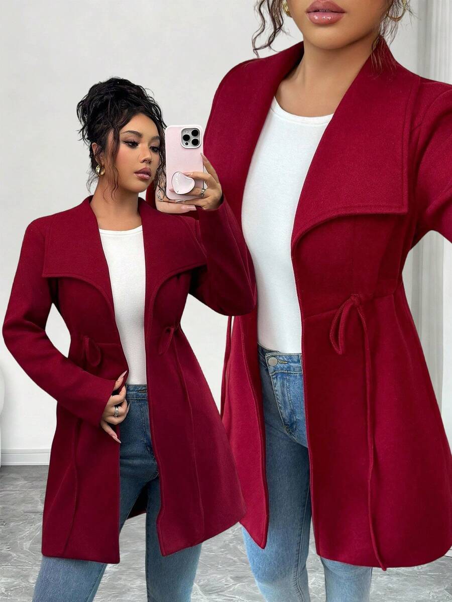 Elenzga Chaqueta delgada de mujer con manga larga y cordón, con solapa grande, para otoño/invierno - Burdeos - Ver 1