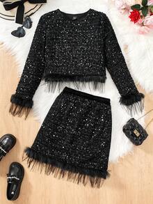 Sparklyn 青少年女孩黑色亮片上衣和裙子套装 - 黑色 - 查看 1