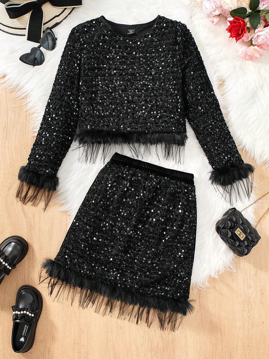 Sparklyn 青少年女孩黑色亮片上衣和裙子套装 - 黑色 - 查看 1