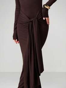 MISSGUIDED Long Sleeve Tie Waist Bodycon Maxi Dress For Fall Winter Casual Evening Wear - Coffee Brown - View 4