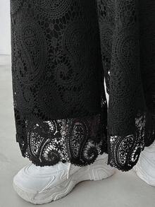 FRIFUL Damen einfarbige Hose mit elastischem Bund, Spitzenstoff, gerades Bein, asymmetrischer Saum, locker, vielseitig, Herbst/Winter - Schwarz - Übersicht 1