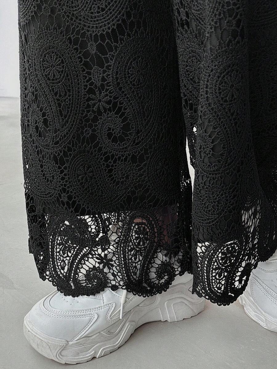 FRIFUL Damen einfarbige Hose mit elastischem Bund, Spitzenstoff, gerades Bein, asymmetrischer Saum, locker, vielseitig, Herbst/Winter - Schwarz - Übersicht 1