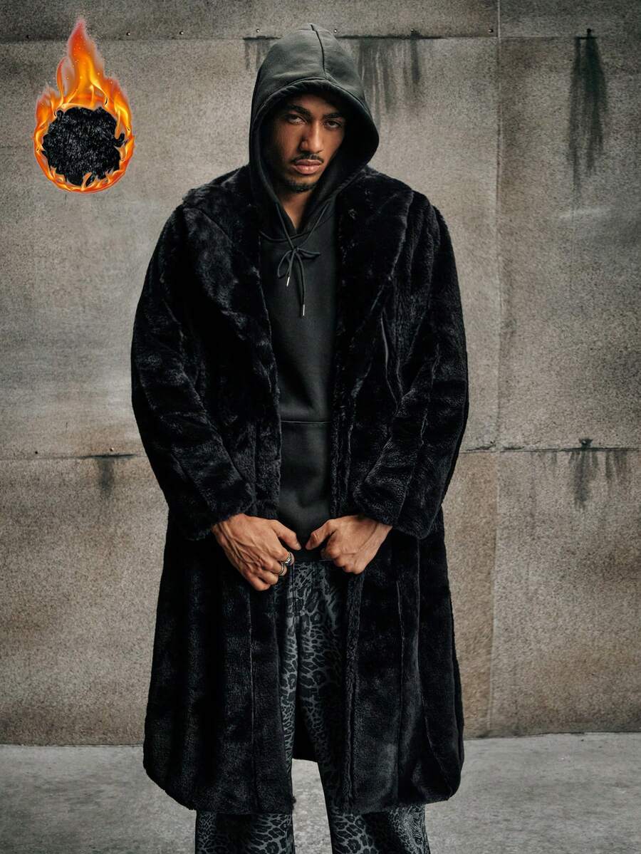 AXEPEAK Men's Long Sleeve Casual Solid Color Faux Fur Long Coat, Autumn/Winter - Black - View 1