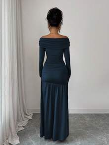 Elenzga 女式复古优雅露肩修身长袖针织连衣裙，秋冬装，万圣节 - 藏蓝色 - 查看 2