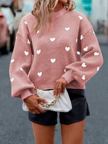 SHEIN LUNE 女式休闲宽松心形提花落肩长袖毛衣，秋冬 - 卡其色 - 查看 6