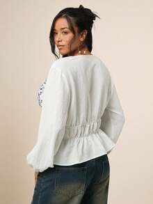 SHEIN VCAY Plus Size Bohemian Style Floral Embroidered Deep V Lantern Sleeve Flared Hem Blouse  Embroidery Lace-Up - White - View 5