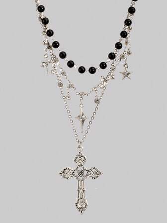 Goth 2 piezas Collar con colgante de estrella de estilo vintage punk con strass, collar de cadena de estrella de doble capa con efecto de hielo, gargantilla de uso diario