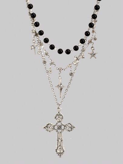 Goth 2pcs Punk Vintage Style Rhinestone Star Pendant Necklace, Luxury Iced Out Double Layer Star Chain Necklace, Streetwear Choker