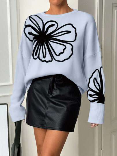 EURMUSE Dames trui met ronde hals en bloemenborduursel in grote maten, herfst/winter